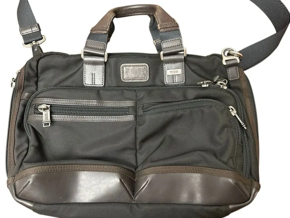TUMI Alpha Black Ballistic Nylon Briefcase w/ Dark Brown Leather Trim